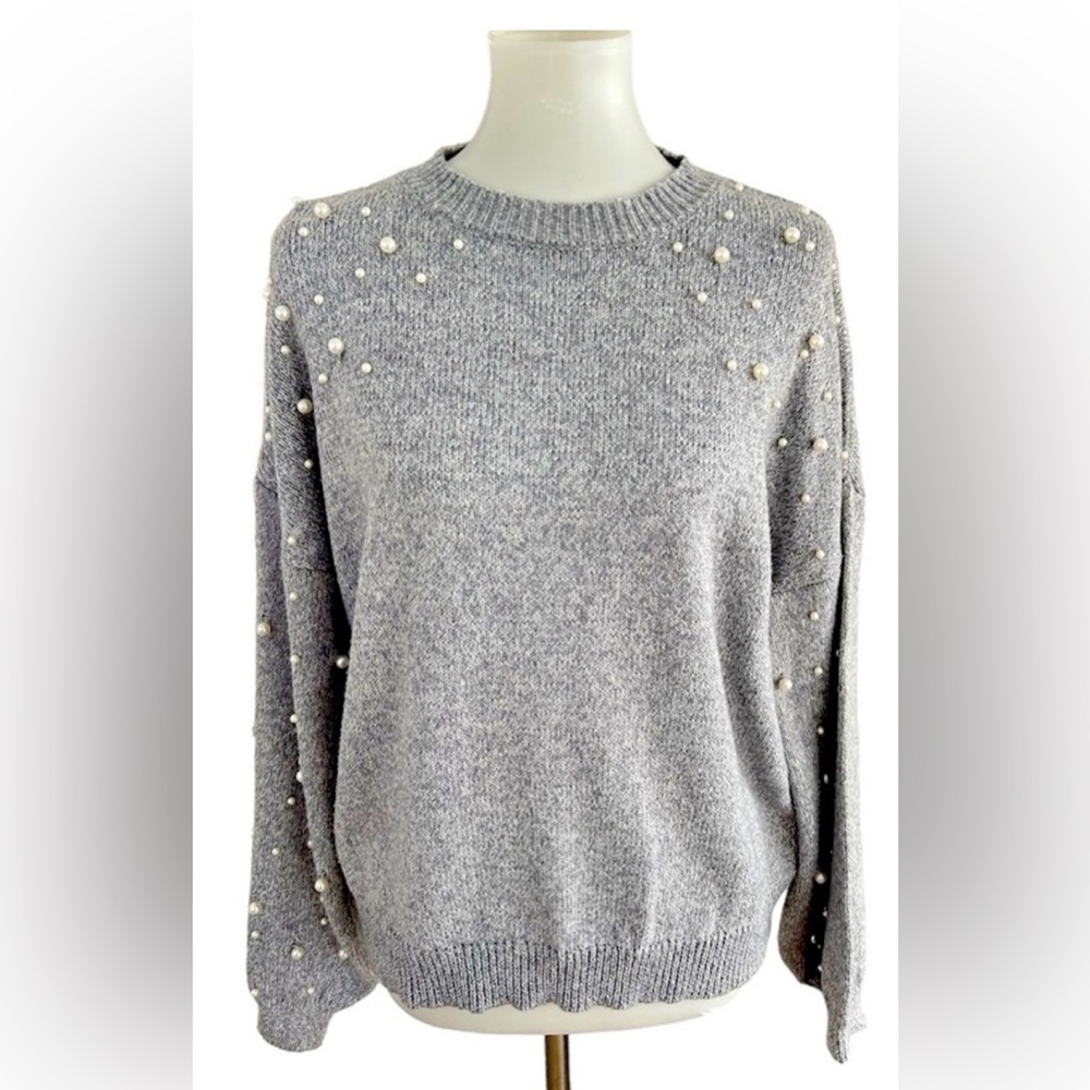 Elegant Pearl-Embellished Gray Sweater by Belle by Belldini, L